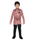Red printed satin boys indo western dress
