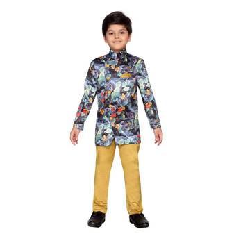Multicolor printed satin boys indo western dress 1