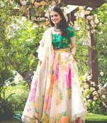 Cream Sequins Embroidered Organza Semi Stitched Floral Lehenga For Wedding
