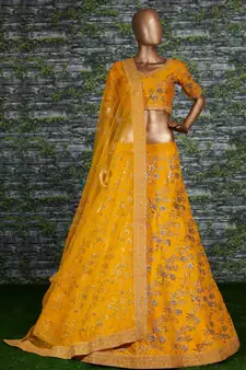 Glamorous Mustard Dori, Zari, and Sequins Embroidered Thai Silk fabric wedding lehenga for bride