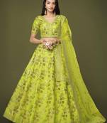 Seductive Neon Green Dori Zari And Sequins Embroidered Silk Indian Lehenga Choli Dress