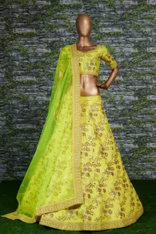 Seductive Neon Green Dori, Zari, and Sequins Embroidered Silk indian lehenga choli dress