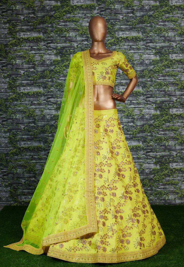 Seductive Neon Green Dori, Zari, and Sequins Embroidered Silk indian lehenga choli dress