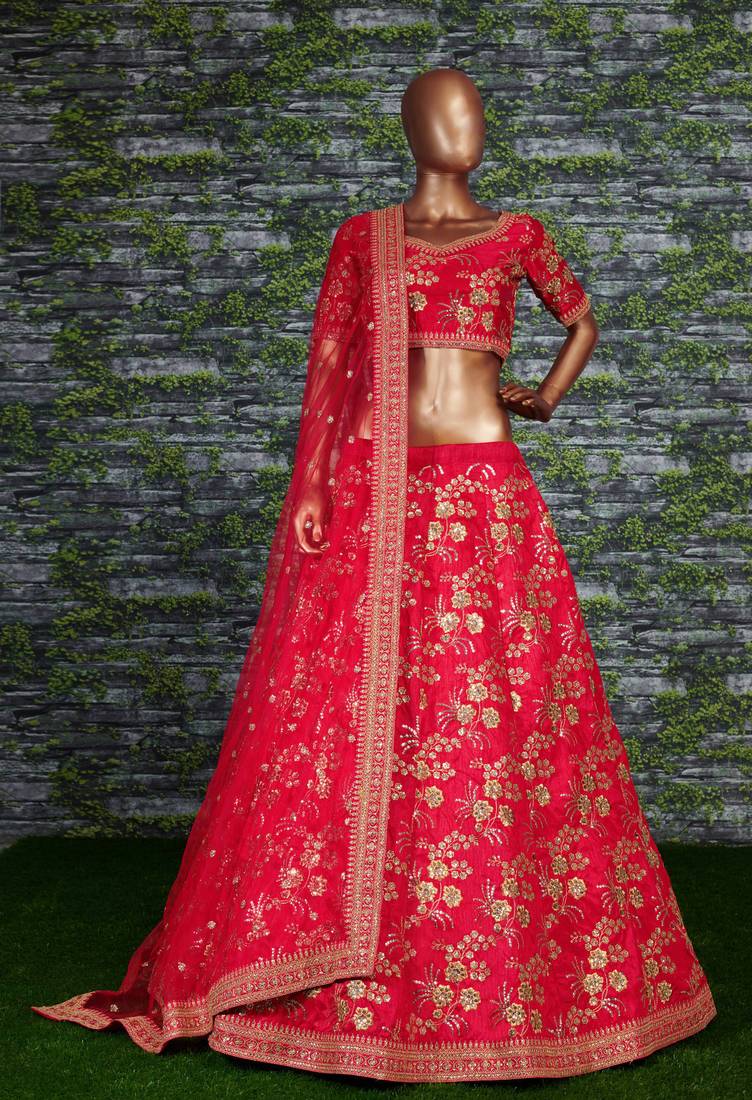 Enchanting Red Dori, Zari, and Sequins Embroidered Thai Silk fabric indian designer lehenga dress