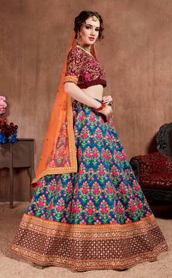 Navy Blue Thread Dori Zari & Sequins Embroidered With Stonework Mulberry Silk Semi Stitched Lehenga Choli For Wedding 2