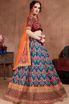 Navy Blue Thread Dori Zari & Sequins Embroidered With Stonework Mulberry Silk Semi Stitched Lehenga Choli For Wedding