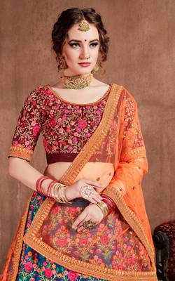 Navy Blue Thread Dori Zari & Sequins Embroidered With Stonework Mulberry Silk Semi Stitched Lehenga Choli For Wedding 3