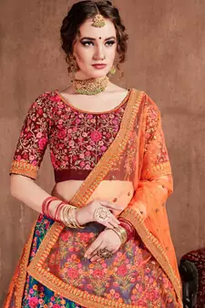 Navy Blue Thread Dori Zari & Sequins Embroidered With Stonework Mulberry Silk Semi Stitched Lehenga Choli For Wedding