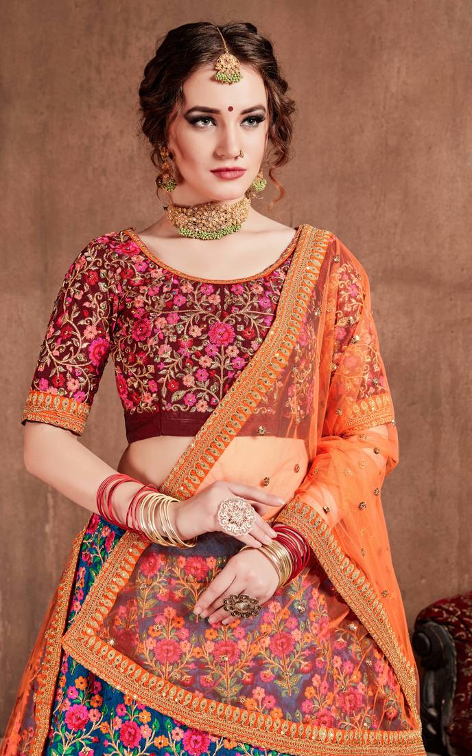 Navy Blue Thread Dori Zari & Sequins Embroidered With Stonework Mulberry Silk Semi Stitched Lehenga Choli For Wedding