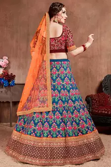 Navy Blue Thread Dori Zari & Sequins Embroidered With Stonework Mulberry Silk Semi Stitched Lehenga Choli For Wedding