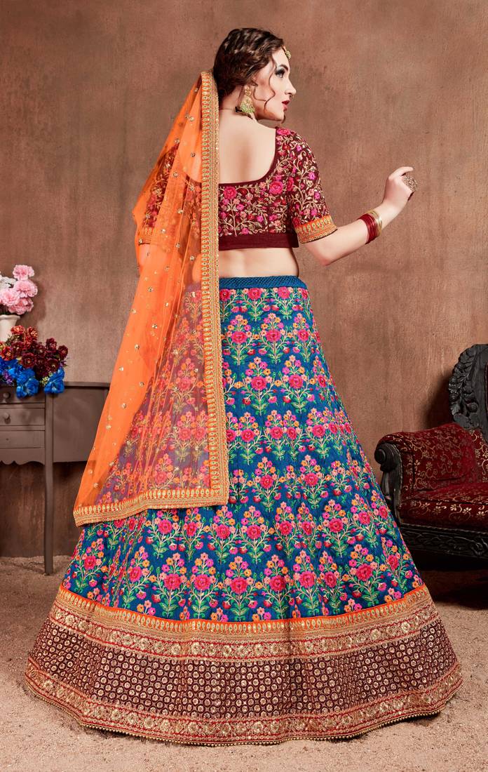 Navy Blue Thread Dori Zari & Sequins Embroidered With Stonework Mulberry Silk Semi Stitched Lehenga Choli For Wedding