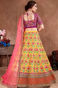 Yellow Thread Dori Zari And Sequins Embroidered With Stonework Mulberry Silk Semi Stitched Lehenga Choli For Bride