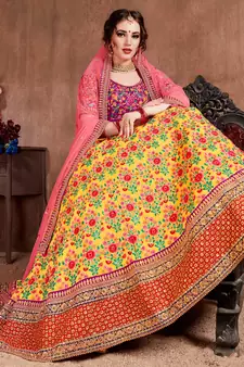 Yellow Thread Dori Zari And Sequins Embroidered With Stonework Mulberry Silk Semi Stitched Lehenga Choli For Bride