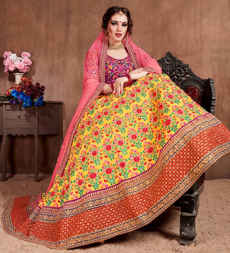 Yellow Thread Dori Zari And Sequins Embroidered With Stonework Mulberry Silk Semi Stitched Lehenga Choli For Bride