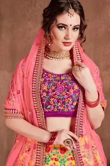 Yellow Thread Dori Zari And Sequins Embroidered With Stonework Mulberry Silk Semi Stitched Lehenga Choli For Bride