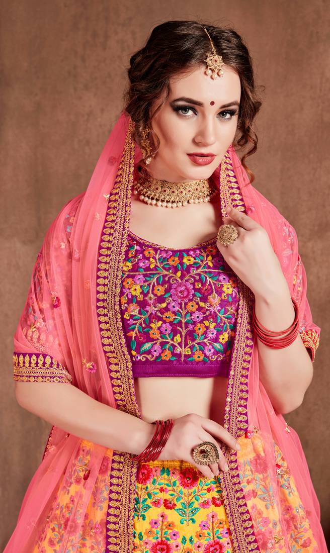 Yellow Thread Dori Zari And Sequins Embroidered With Stonework Mulberry Silk Semi Stitched Lehenga Choli For Bride
