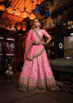 Pink Thread Embroidered Art Silk Semi Stitched wedding lehenga 1