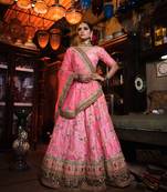Pink Thread Embroidered Art Silk Semi Stitched wedding lehenga