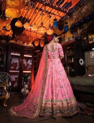 Pink Thread Embroidered Art Silk Semi Stitched wedding lehenga 2