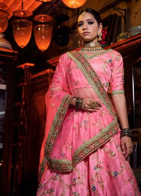 Pink Thread Embroidered Art Silk Semi Stitched wedding lehenga 3