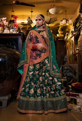 Dazzling Dark Green Dori Sequins And Thread Embroidered Taffeta Silk Designer Lehenga For Wedding 2