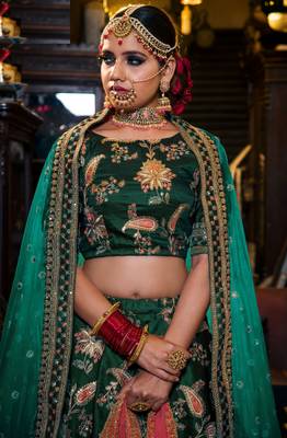 Dazzling Dark Green Dori Sequins And Thread Embroidered Taffeta Silk Designer Lehenga For Wedding 3