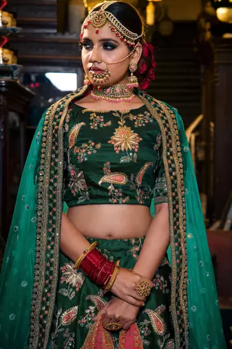 Dazzling Dark Green Dori Sequins And Thread Embroidered Taffeta Silk Designer Lehenga For Wedding