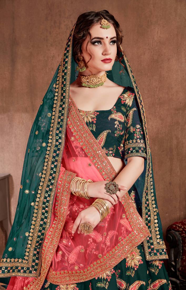 Dazzling Dark Green Dori, Sequins, and Thread Embroidered Taffeta Silk Fabric Designer Lehenga for wedding