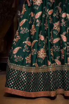 Dazzling Dark Green Dori Sequins And Thread Embroidered Taffeta Silk Designer Lehenga For Wedding