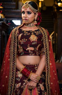 Appetizing Maroon Dori Sequins And Thread Embroidered Taffeta Silk Lehenga Choli For Bride 2