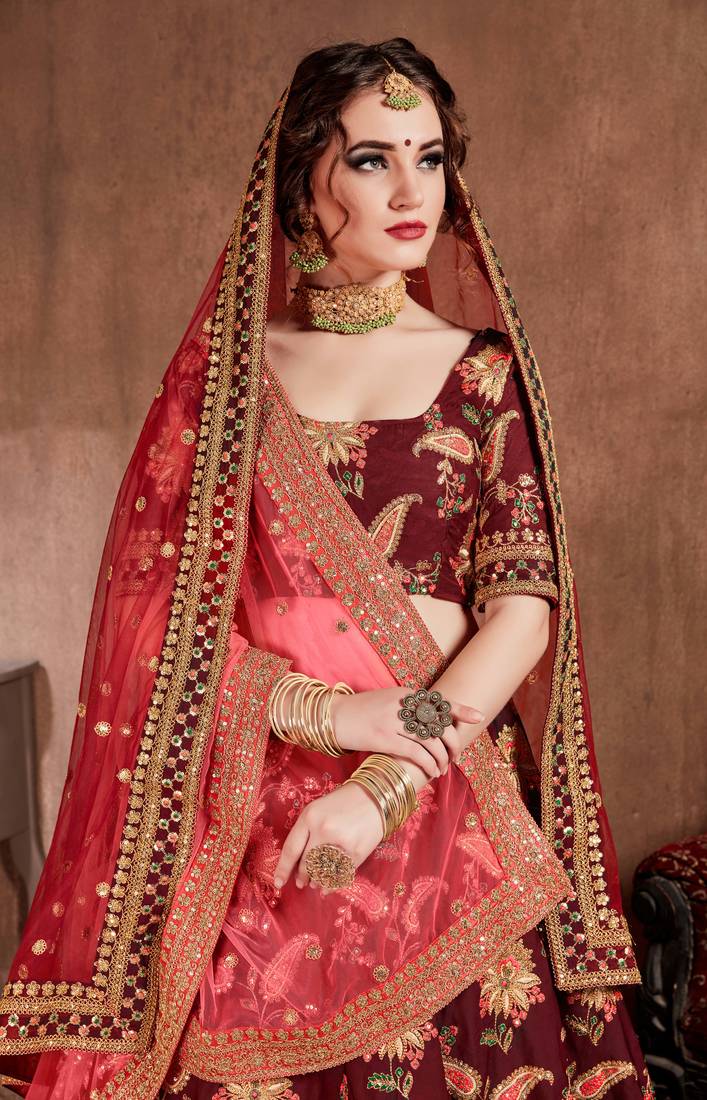 Appetizing Maroon Dori, Sequins, and Thread Embroidered Taffeta Silk Fabric Lehenga choli for Bride