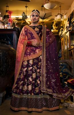 Seductive Purple Dori Sequins And Thread Embroidered Taffeta Silk Designer Lehenga For Wedding 2