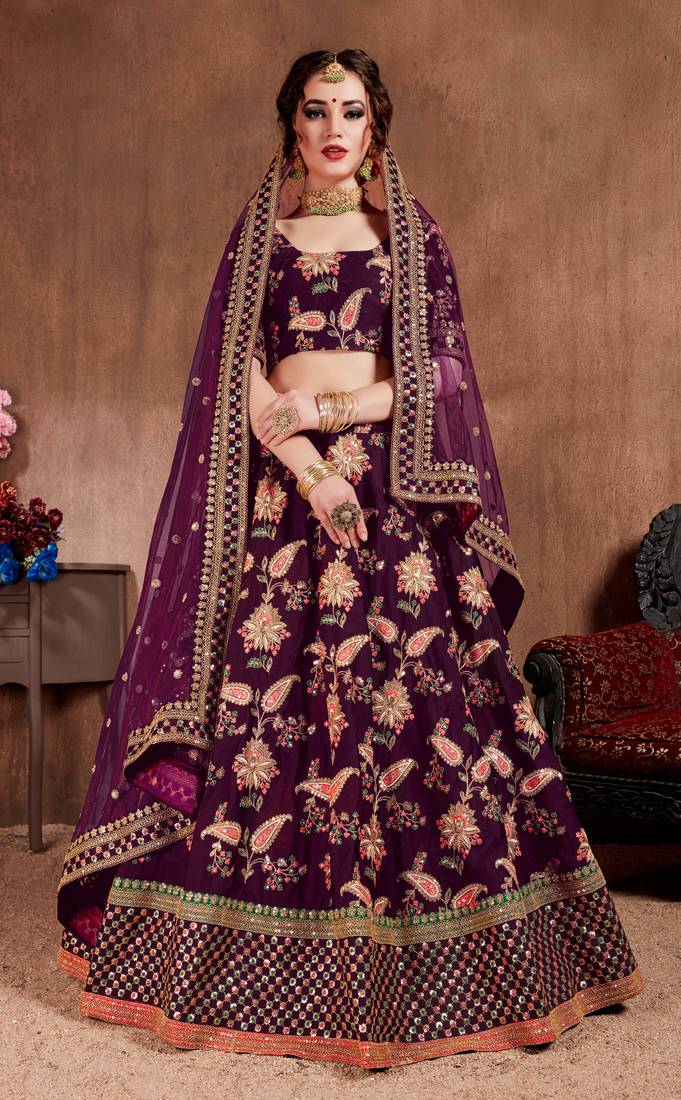 Seductive Purple Dori, Sequins, and Thread Embroidered Taffeta Silk Fabric Designer lehenga for wedding