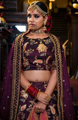 Seductive Purple Dori Sequins And Thread Embroidered Taffeta Silk Designer Lehenga For Wedding 3