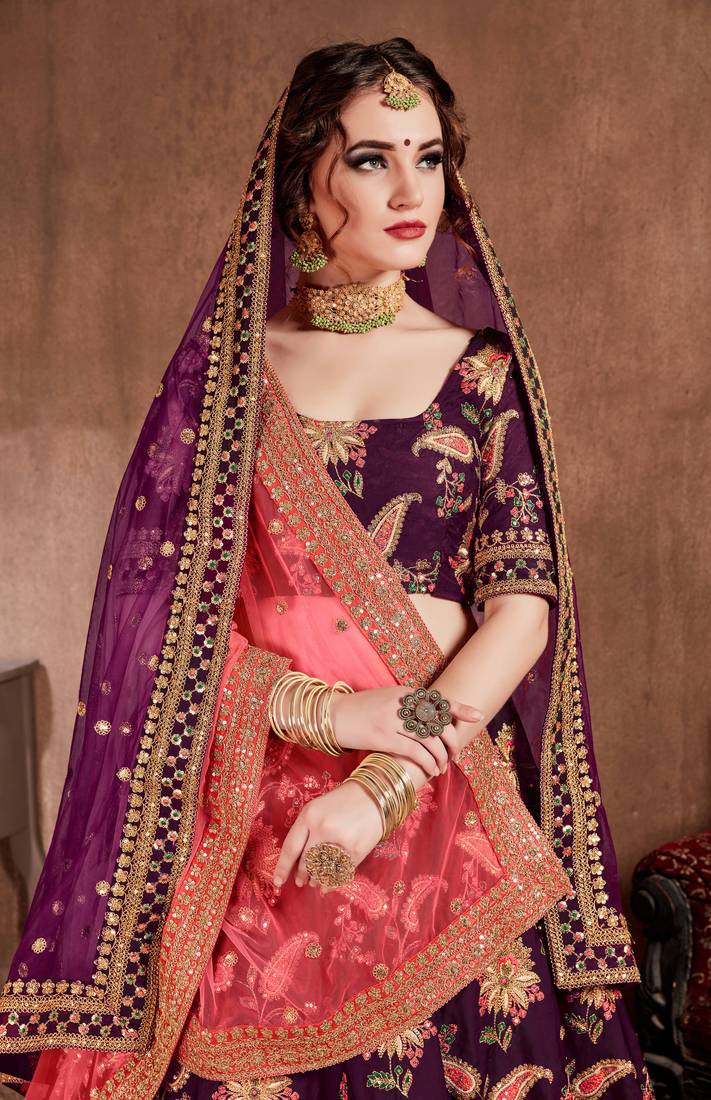 Seductive Purple Dori, Sequins, and Thread Embroidered Taffeta Silk Fabric Designer lehenga for wedding