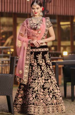 Maroon Thread Embroidered Velvet Semi Stitched wedding lehenga 1