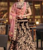Maroon Thread Embroidered Velvet Semi Stitched wedding lehenga