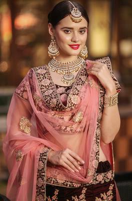 Maroon Thread Embroidered Velvet Semi Stitched wedding lehenga 2