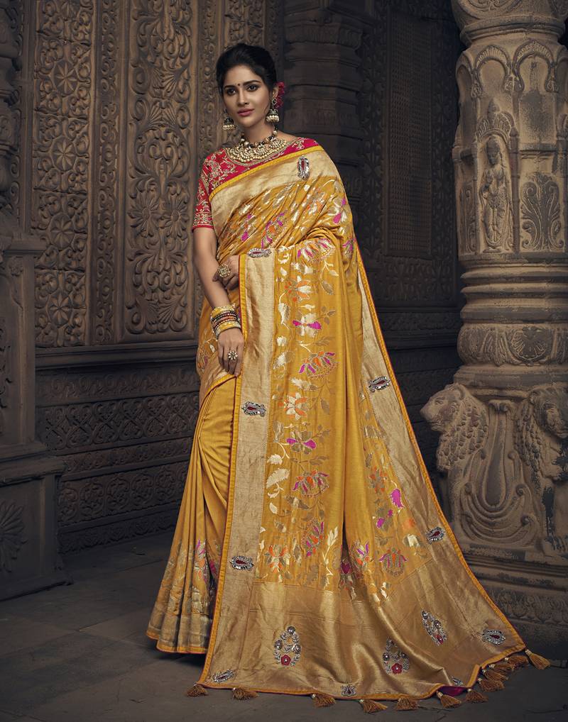 Mustard Floral Embroidered Satin Saree With Unstitched Blouse Piece