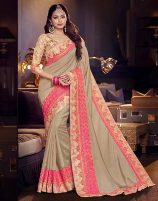 Beige embroidered silk blend saree with blouse 1