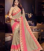 Beige embroidered silk blend saree with blouse
