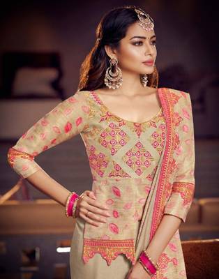 Beige embroidered silk blend saree with blouse 2