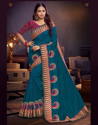 Blue embroidered silk blend saree with blouse 1