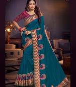 Blue embroidered silk blend saree with blouse