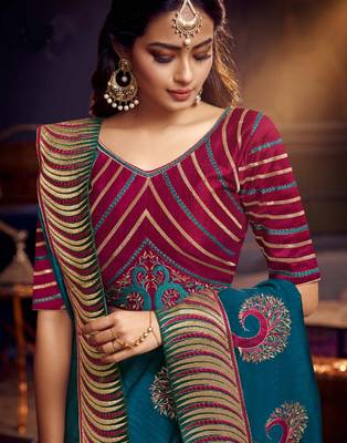Blue embroidered silk blend saree with blouse 2