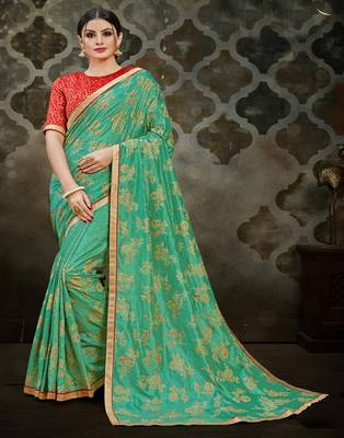 Sea green printed silk blend saree with blouse 1