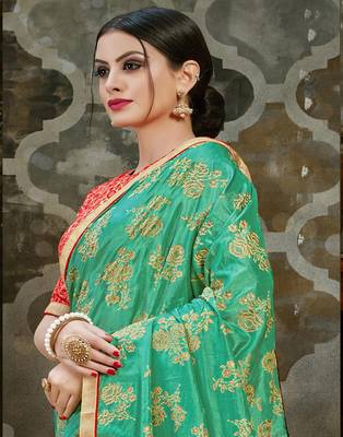 Sea green printed silk blend saree with blouse 2