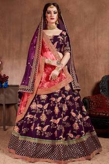 Seductive Purple Dori, Sequins, and Thread Embroidered Taffeta Silk Fabric Designer lehenga for wedding