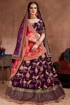 Seductive Purple Dori, Sequins, and Thread Embroidered Taffeta Silk Fabric Designer lehenga for wedding