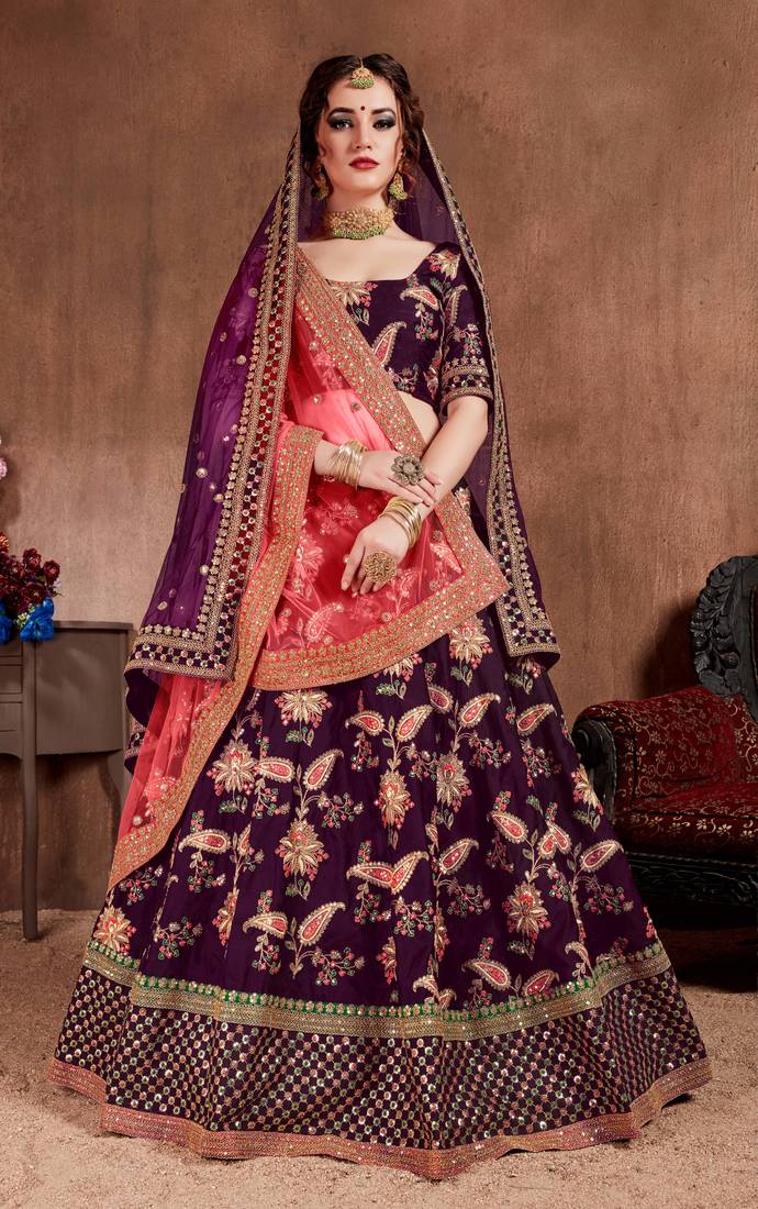 Seductive Purple Dori, Sequins, and Thread Embroidered Taffeta Silk Fabric Designer lehenga for wedding